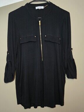 Calvin Klein Women's Black Gold Zip Neck Roll Tab Sleeve Tunic Top Size Large
